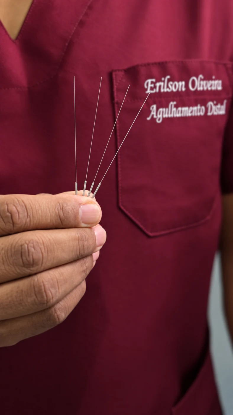 Detalhe das mãos de Erilson segurando agulhas finas diante de seu uniforme vinho