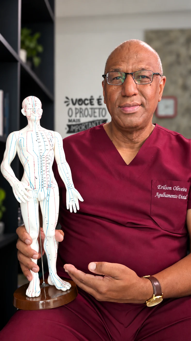 Erilson de Oliveira em seu espaço de atendimento, segurando um modelo anatômico
